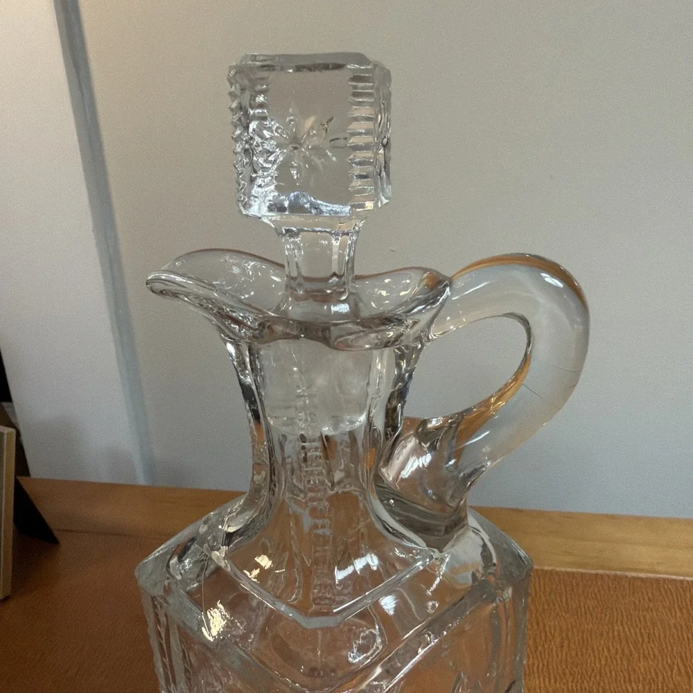 Antique EAPG Flint Glass Square Maple Leaf Decanter Pitcher Bottle Stopper 9.5